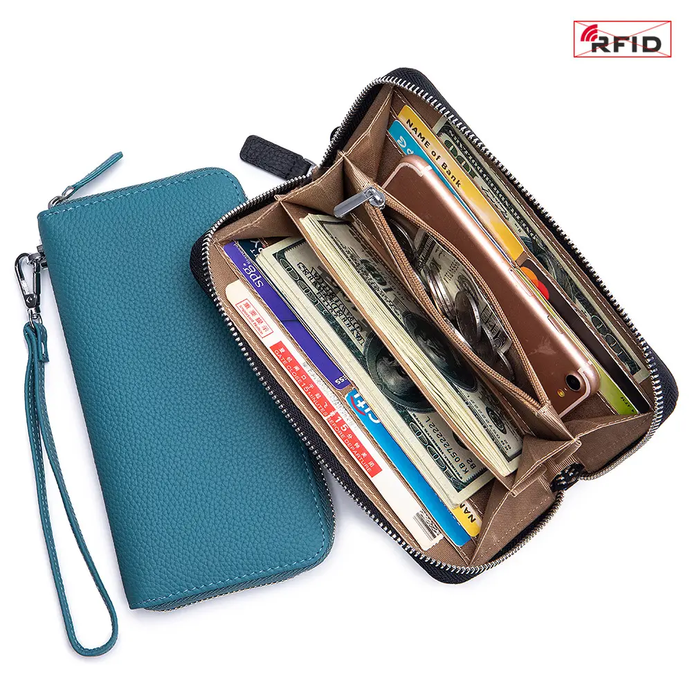Fashion Female Genuine Leather Wallet Phone Money Holders RFID Blocking Zipper Women Wallets Long Clutch Purse Large Card Holder