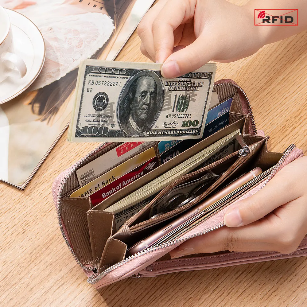 Fashion Female Genuine Leather Wallet Phone Money Holders RFID Blocking Zipper Women Wallets Long Clutch Purse Large Card Holder