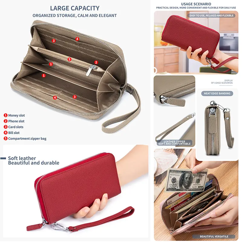 Fashion Female Genuine Leather Wallet Phone Money Holders RFID Blocking Zipper Women Wallets Long Clutch Purse Large Card Holder