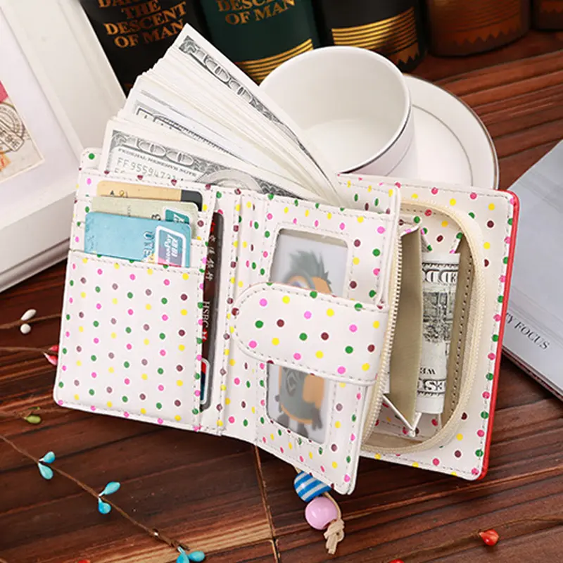 Fashion Dots Hasp Leather Wallet for Women Bank Credit Card Holder Girls Short Wallets Students Zipper Money Coin Bag Cash Purse