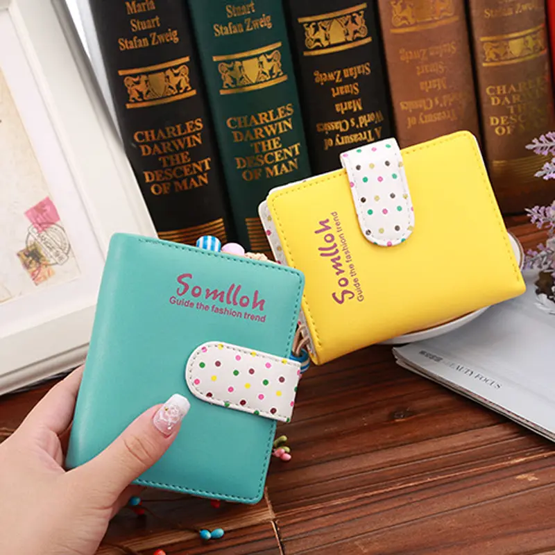 Fashion Dots Hasp Leather Wallet for Women Bank Credit Card Holder Girls Short Wallets Students Zipper Money Coin Bag Cash Purse