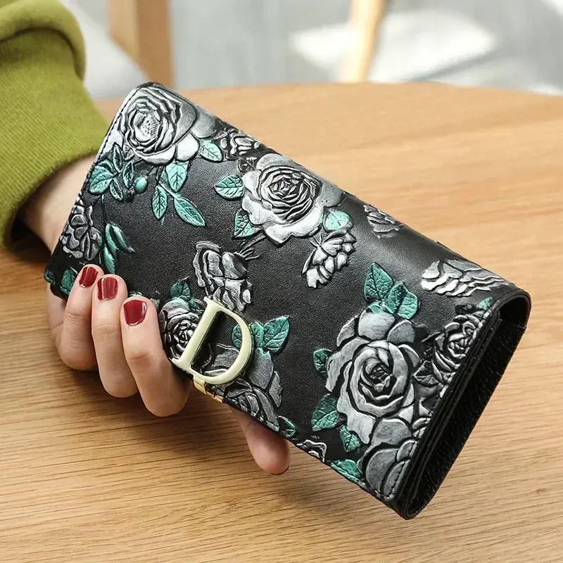 Genuine Leather Purse Wallet Female 3d Embossing Ladies Personality Retro Long Clutch Wallet Women Purse Coin Holders