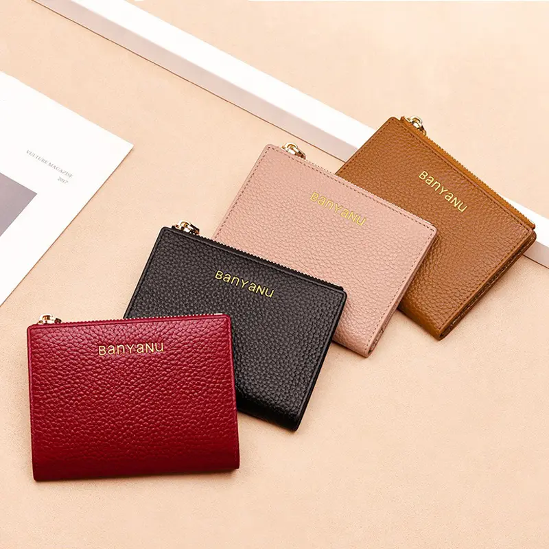 Genuine Leather Short Wallets for Women Lychee Pattern Luxury Card Holder Wallet Fashion Slim Bifold Simple Zipper Coin Purse