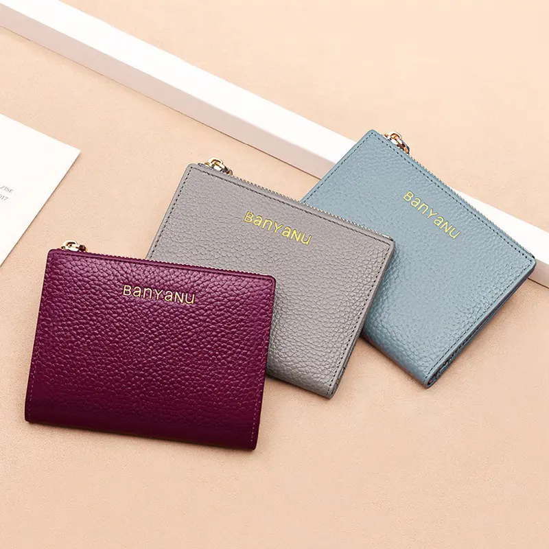 Genuine Leather Short Wallets for Women Lychee Pattern Luxury Card Holder Wallet Fashion Slim Bifold Simple Zipper Coin Purse