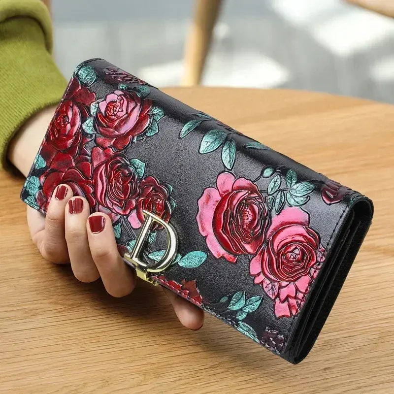 Genuine Leather Purse Wallet Female 3d Embossing Ladies Personality Retro Long Clutch Wallet Women Purse Coin Holders