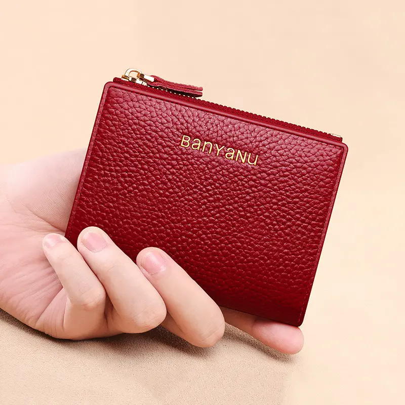 Genuine Leather Short Wallets for Women Lychee Pattern Luxury Card Holder Wallet Fashion Slim Bifold Simple Zipper Coin Purse