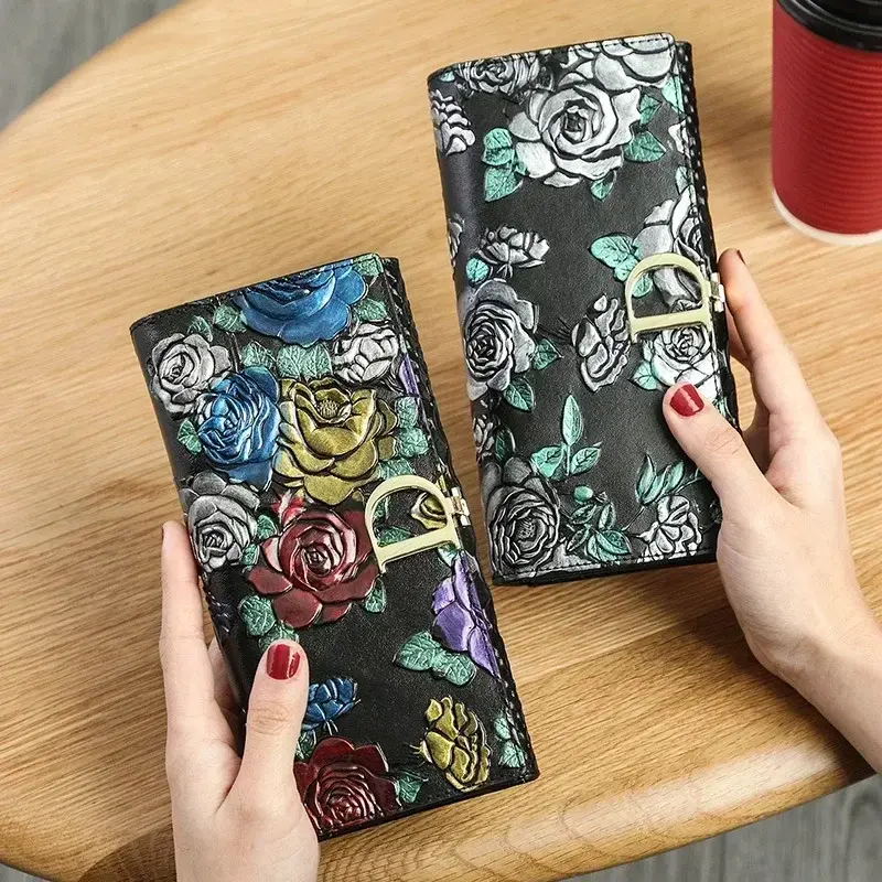 Genuine Leather Purse Wallet Female 3d Embossing Ladies Personality Retro Long Clutch Wallet Women Purse Coin Holders