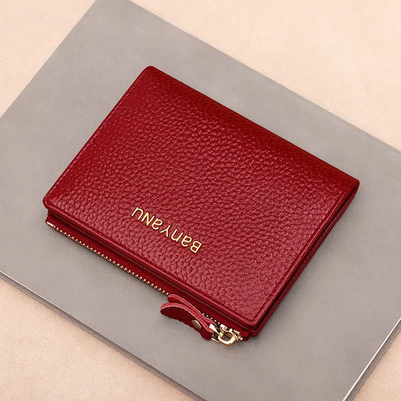 Genuine Leather Short Wallets for Women Lychee Pattern Luxury Card Holder Wallet Fashion Slim Bifold Simple Zipper Coin Purse