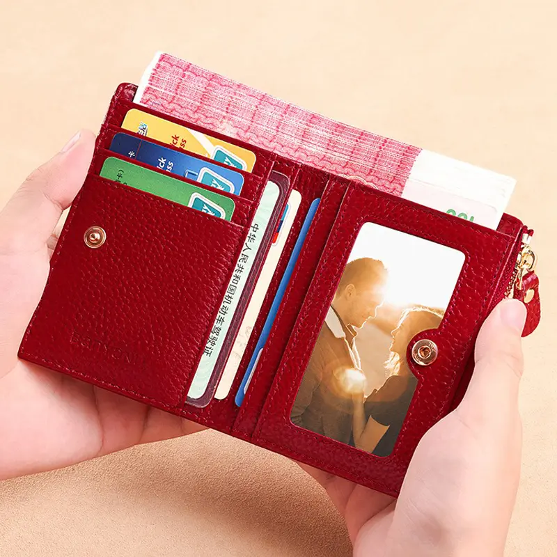 Genuine Leather Short Wallets for Women Lychee Pattern Luxury Card Holder Wallet Fashion Slim Bifold Simple Zipper Coin Purse