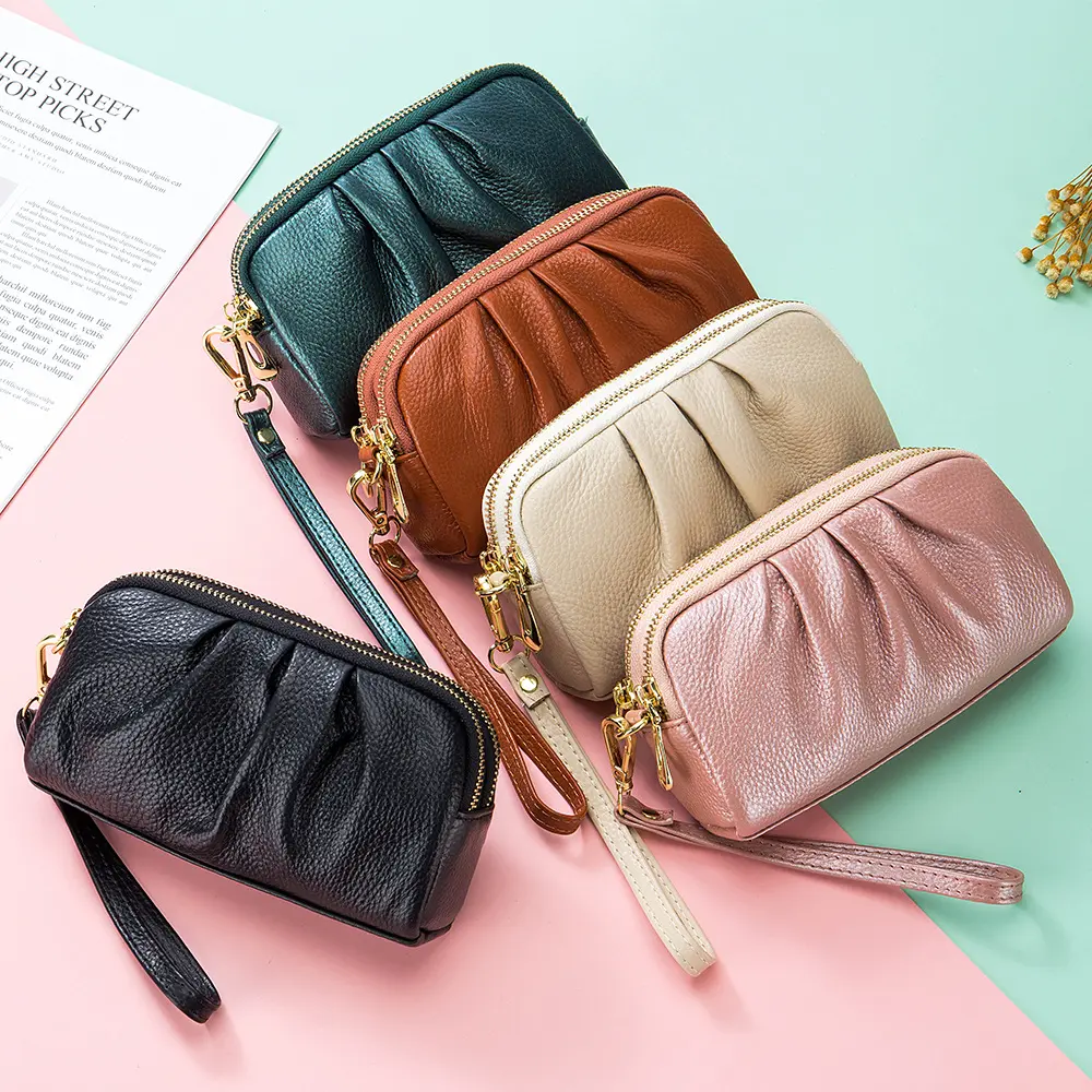 Genuine Leather Women Wallets Multifunction Large capacity Purses Long Zip Wrist bag Money Coin Holder Female phone Purse