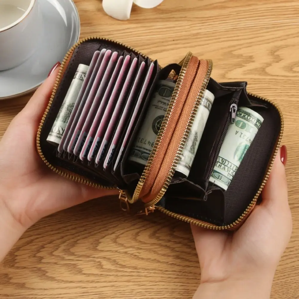 New PU Leather Short Wallet Printed Double Zipper Card Holder Money Bag Women Travel Organizer Mini Pouch Storage Bag