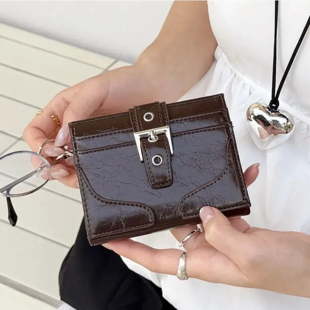 Women Silver Leather Card Holder Ultra-Thin Mini Buckle Coin Purse Portable Wallet Cute Bank Credit Id Bag Multi-Card Slot