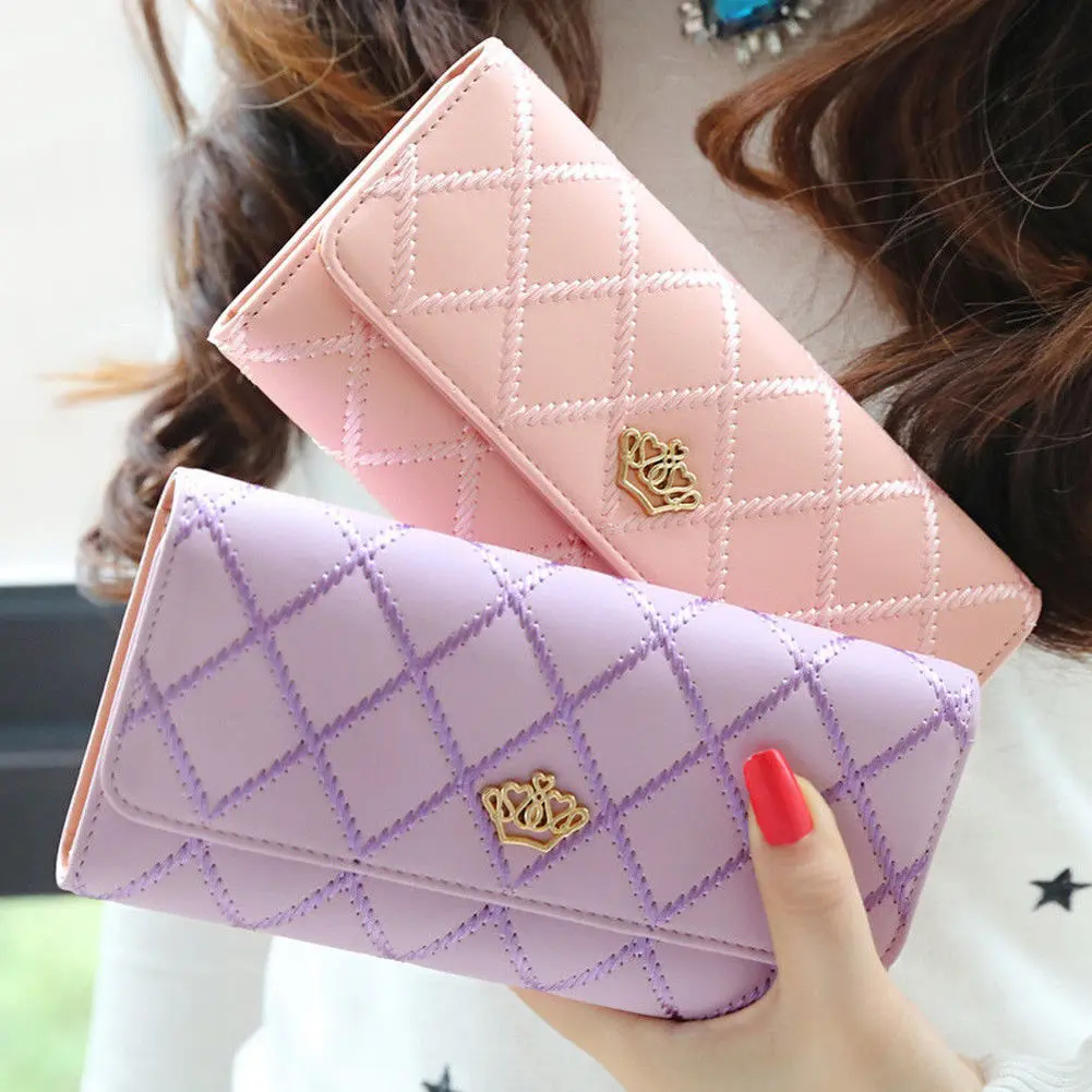 Fashion Women's Long Wallet Crown PU Leather Bifold Card Holder Money Purse Organizer Cellphone Handbag for Daily Use