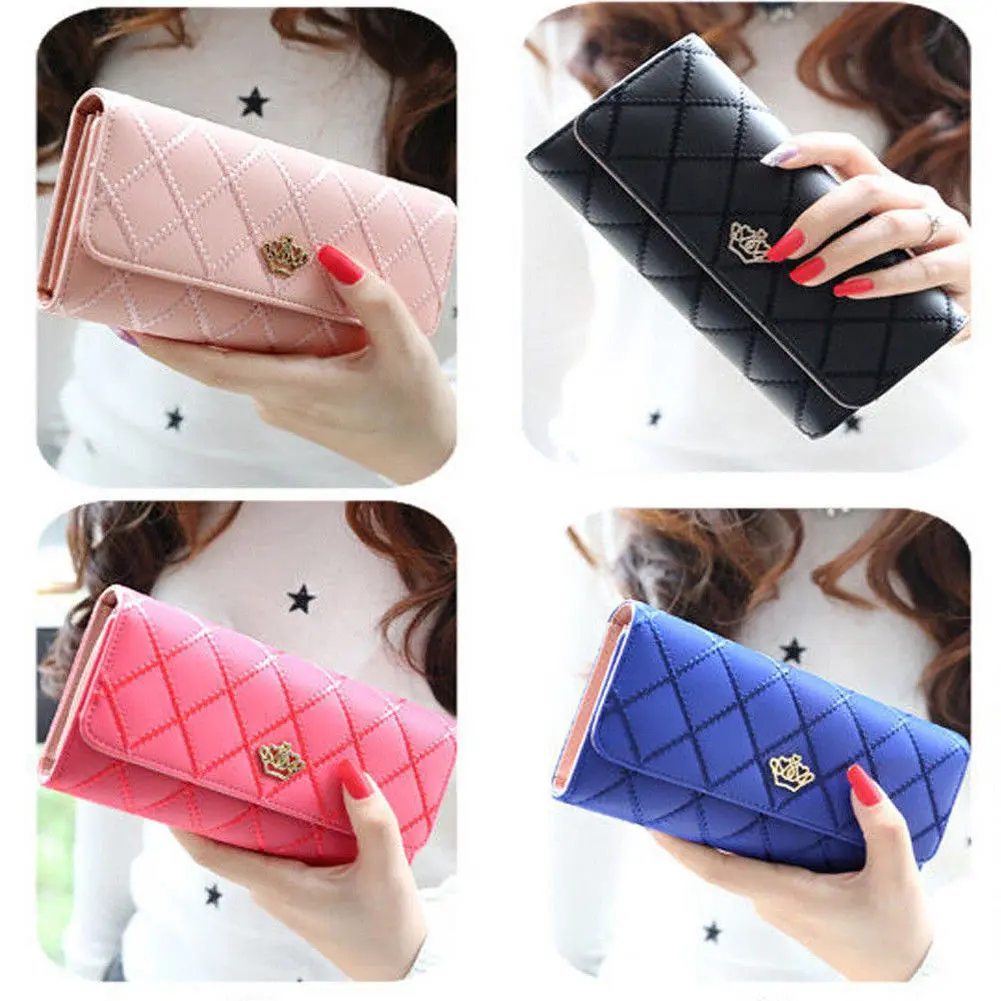 Fashion Women's Long Wallet Crown PU Leather Bifold Card Holder Money Purse Organizer Cellphone Handbag for Daily Use