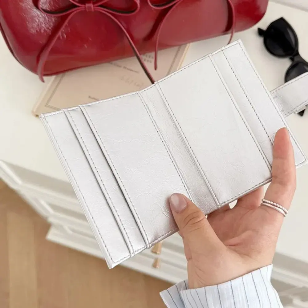 Women Silver Leather Card Holder Ultra-Thin Mini Buckle Coin Purse Portable Wallet Cute Bank Credit Id Bag Multi-Card Slot