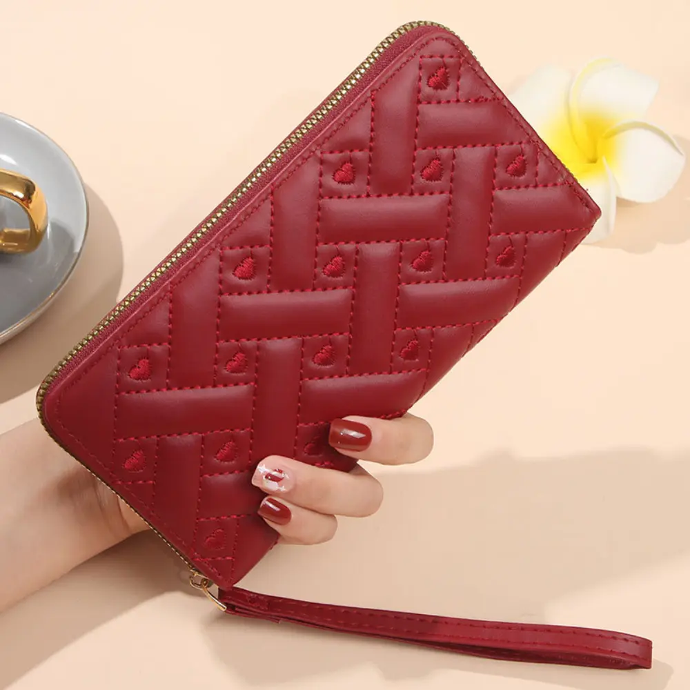 Women's Pu Leather Wallets Credit Card Holder Long Zipper Clutch Female Coin Purses Heart Embroidery Money Bag Wristlet Handbag
