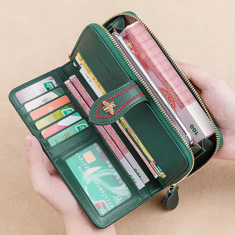Multi Function Women Wallet Anti RFID Card Holder Large Capacity 6.7inch Phone Long Purse Genuine Leather Clutch Bag Green Color