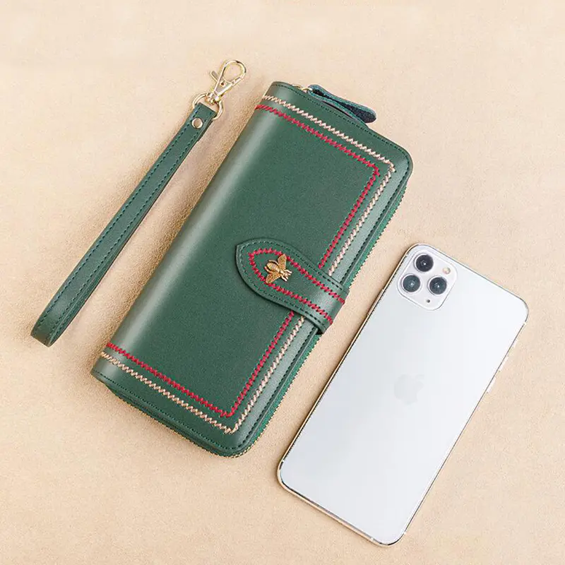Multi Function Women Wallet Anti RFID Card Holder Large Capacity 6.7inch Phone Long Purse Genuine Leather Clutch Bag Green Color