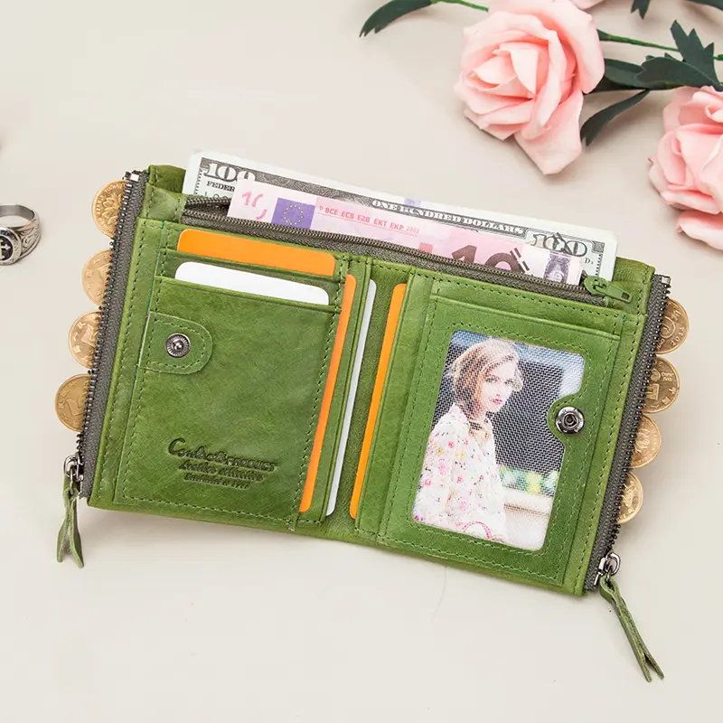 CONTACT'S Genuine Leather Fashion Purses for Woman Bifold Short Purses Credit Card Holder Wallets Leather Coin Purse Money Clip