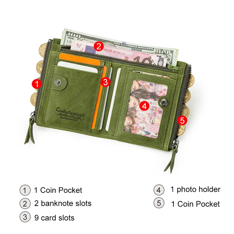 CONTACT'S Genuine Leather Fashion Purses for Woman Bifold Short Purses Credit Card Holder Wallets Leather Coin Purse Money Clip