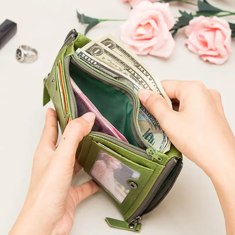CONTACT'S Genuine Leather Fashion Purses for Woman Bifold Short Purses Credit Card Holder Wallets Leather Coin Purse Money Clip