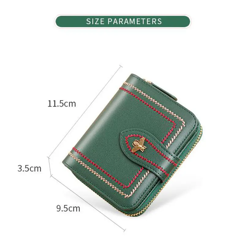 Bee Pattern Women Cow Leather Coin Wallet Original Anti RFID Short Purse for Girl Green Black Color Birthday Gifts