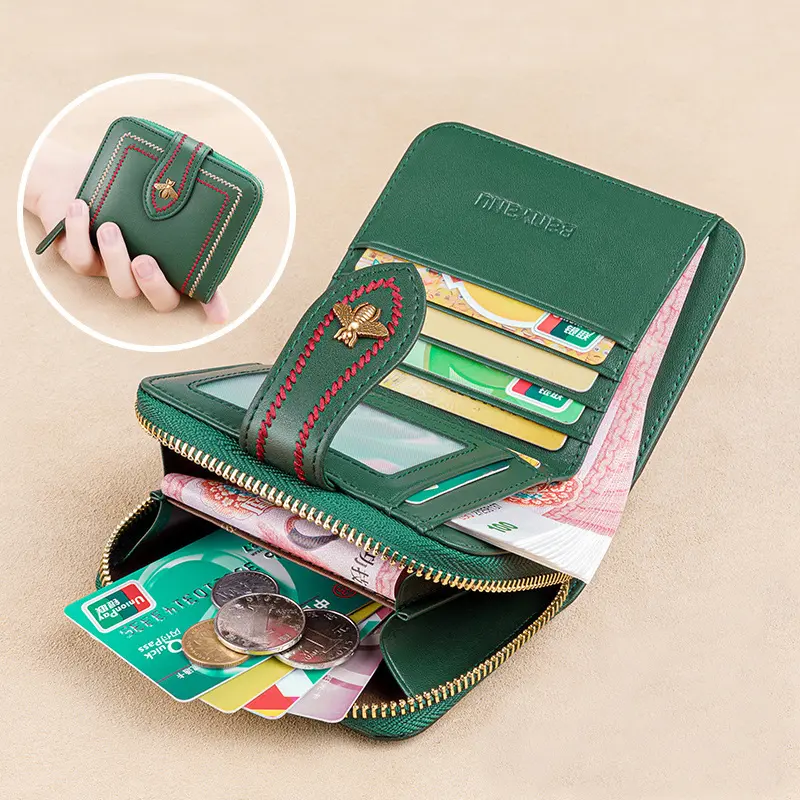 Bee Pattern Women Cow Leather Coin Wallet Original Anti RFID Short Purse for Girl Green Black Color Birthday Gifts