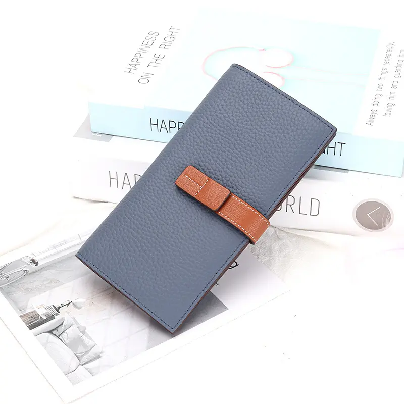 2025 New Genuine Leather Wallets Drawstring Long Women's Wallet Top Layer Cowhide Clutch Bag Contrast Leather Women's Pouch