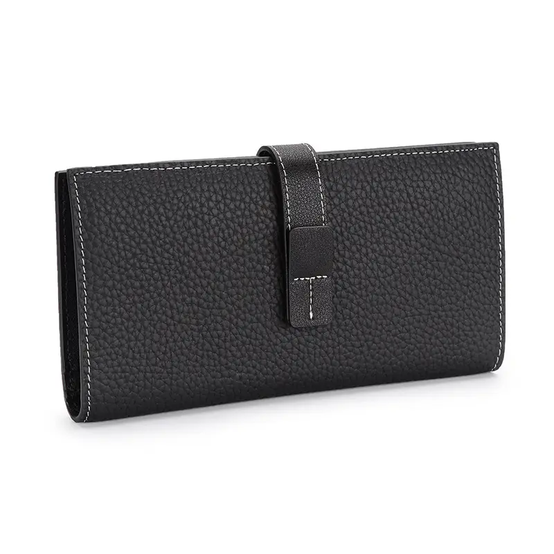 2025 New Genuine Leather Wallets Drawstring Long Women's Wallet Top Layer Cowhide Clutch Bag Contrast Leather Women's Pouch