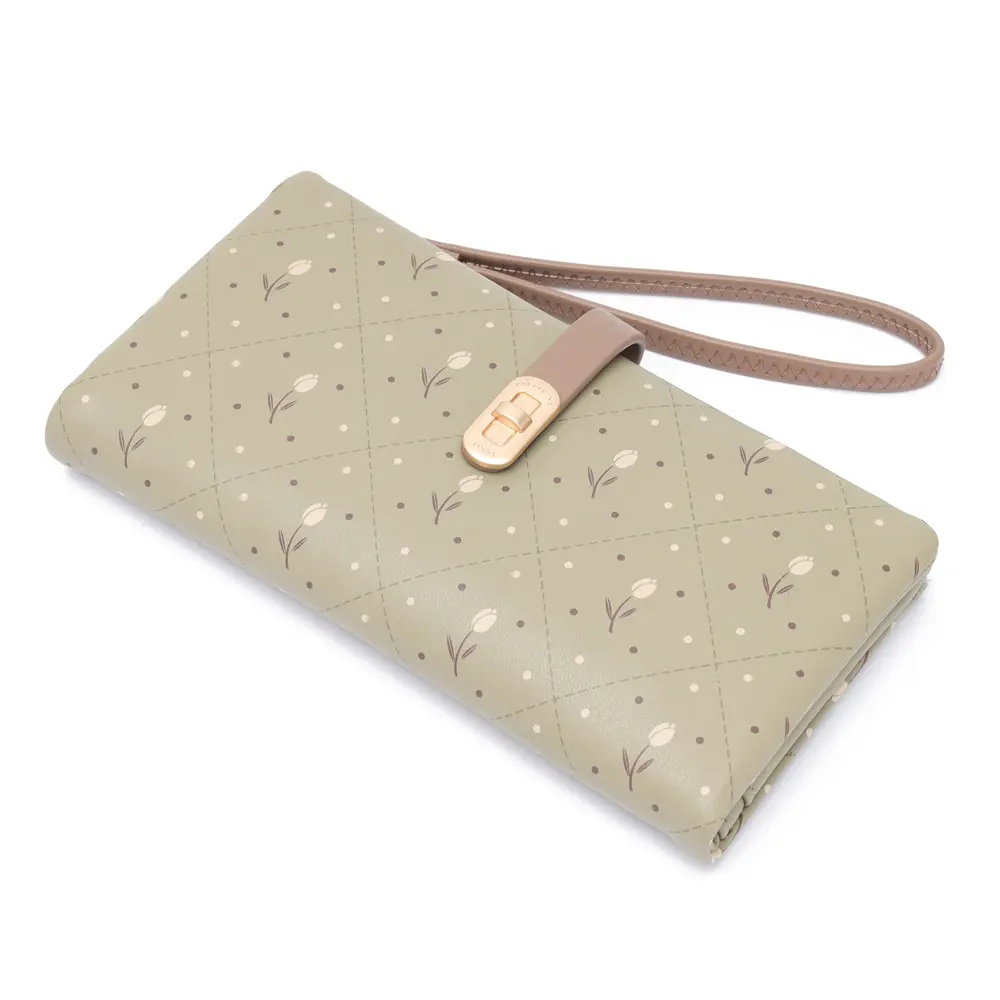 Women Long Wallet Flower Dots Square Print Girl Zipper Coin Purse Ladies Cute ID Credit Card Holder PU Small Clutch Money Bag