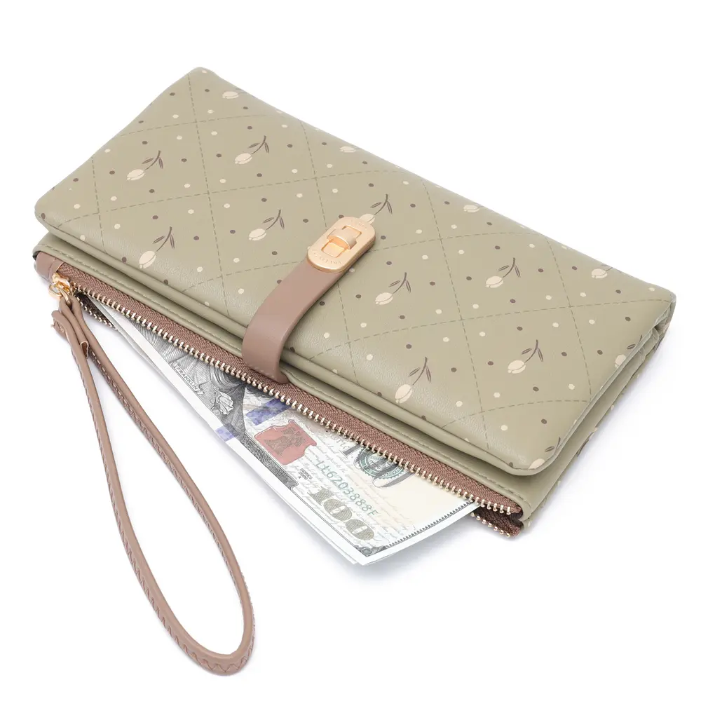 Women Long Wallet Flower Dots Square Print Girl Zipper Coin Purse Ladies Cute ID Credit Card Holder PU Small Clutch Money Bag