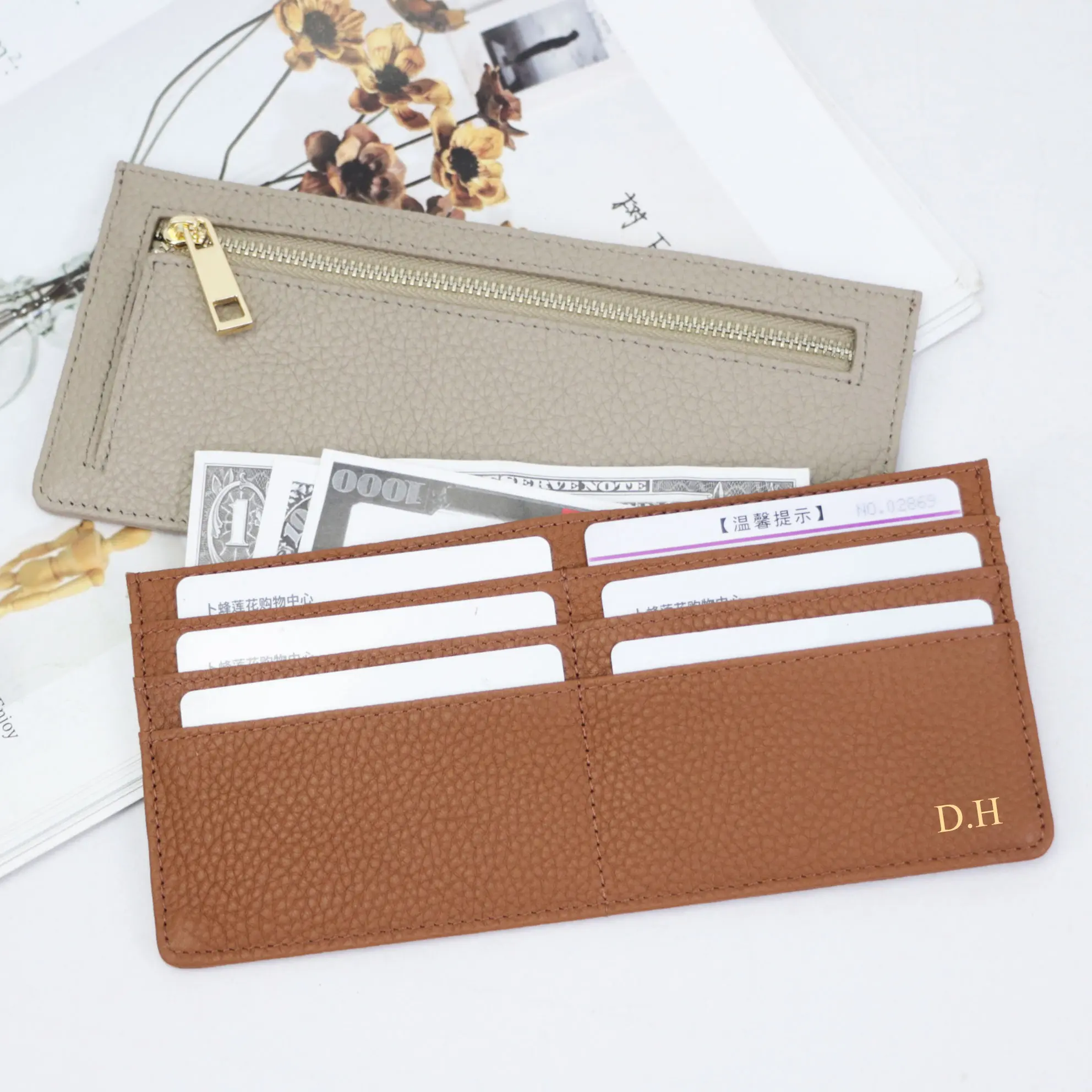 Customized Letters Pebble Pattern Cow Leather Women's Ultra-Thin Long Wallet Zipper Coin Purse  Pouch Women Credit Card holder