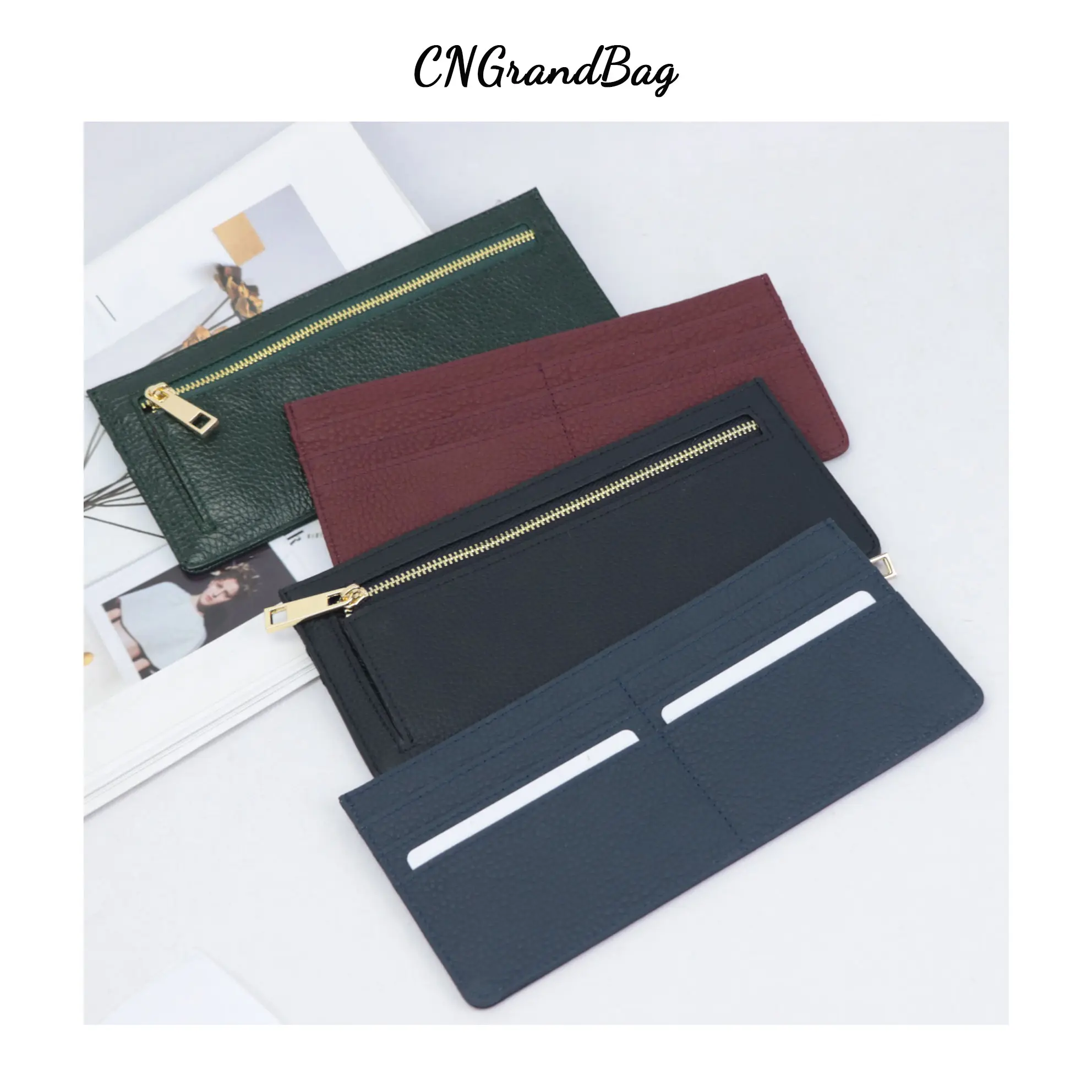 Customized Letters Pebble Pattern Cow Leather Women's Ultra-Thin Long Wallet Zipper Coin Purse  Pouch Women Credit Card holder