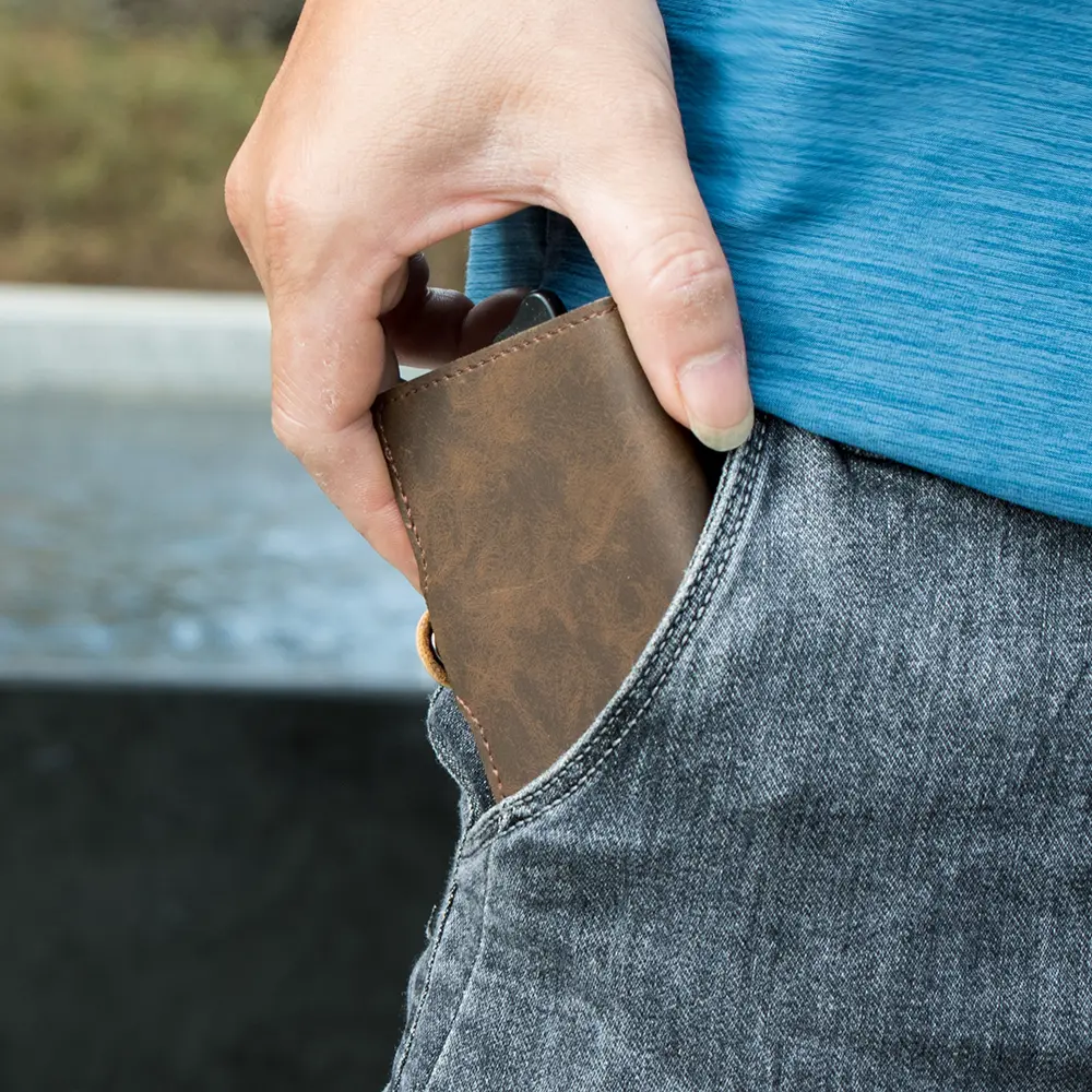 Casekey Top Quality Pu Vintage Leather Card Wallet Rfid Blocking Pop Up Card Holder with Money Clip and Pocket Billetera Hombre