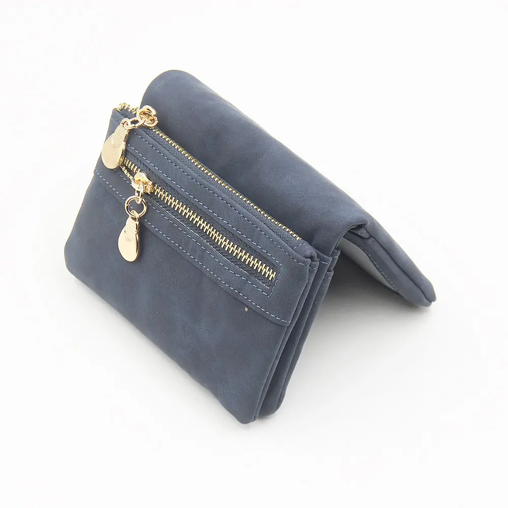 New purse for women short European and American vintage frosted double zipper multi-function folding can expand women's handbag
