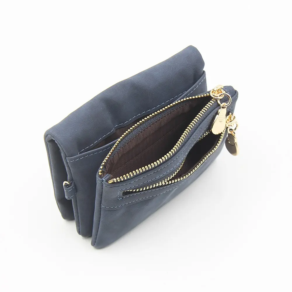 New purse for women short European and American vintage frosted double zipper multi-function folding can expand women's handbag