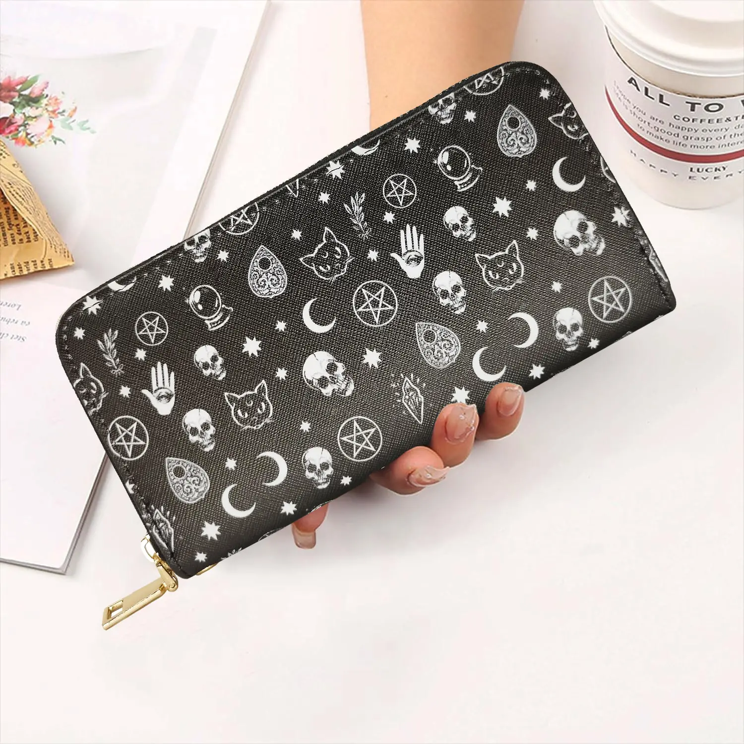 Trendy Gothic Skull Pattern Long Wallet, Portable Multi-card Slots Card Holder With Wristbands, Perfect Halloween Wrist Purse Fo