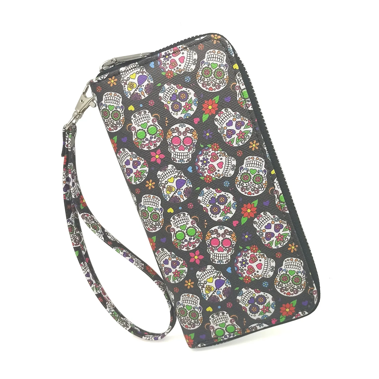 Trendy Gothic Skull Pattern Long Wallet, Portable Multi-card Slots Card Holder With Wristbands, Perfect Halloween Wrist Purse Fo
