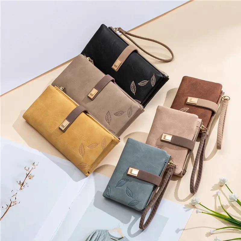 Women Wallet Fashion Long Design Retro PU Leather Credit Card Holder Frosted Leaf Print Buckle Zip Purse Female Handbag Wallets