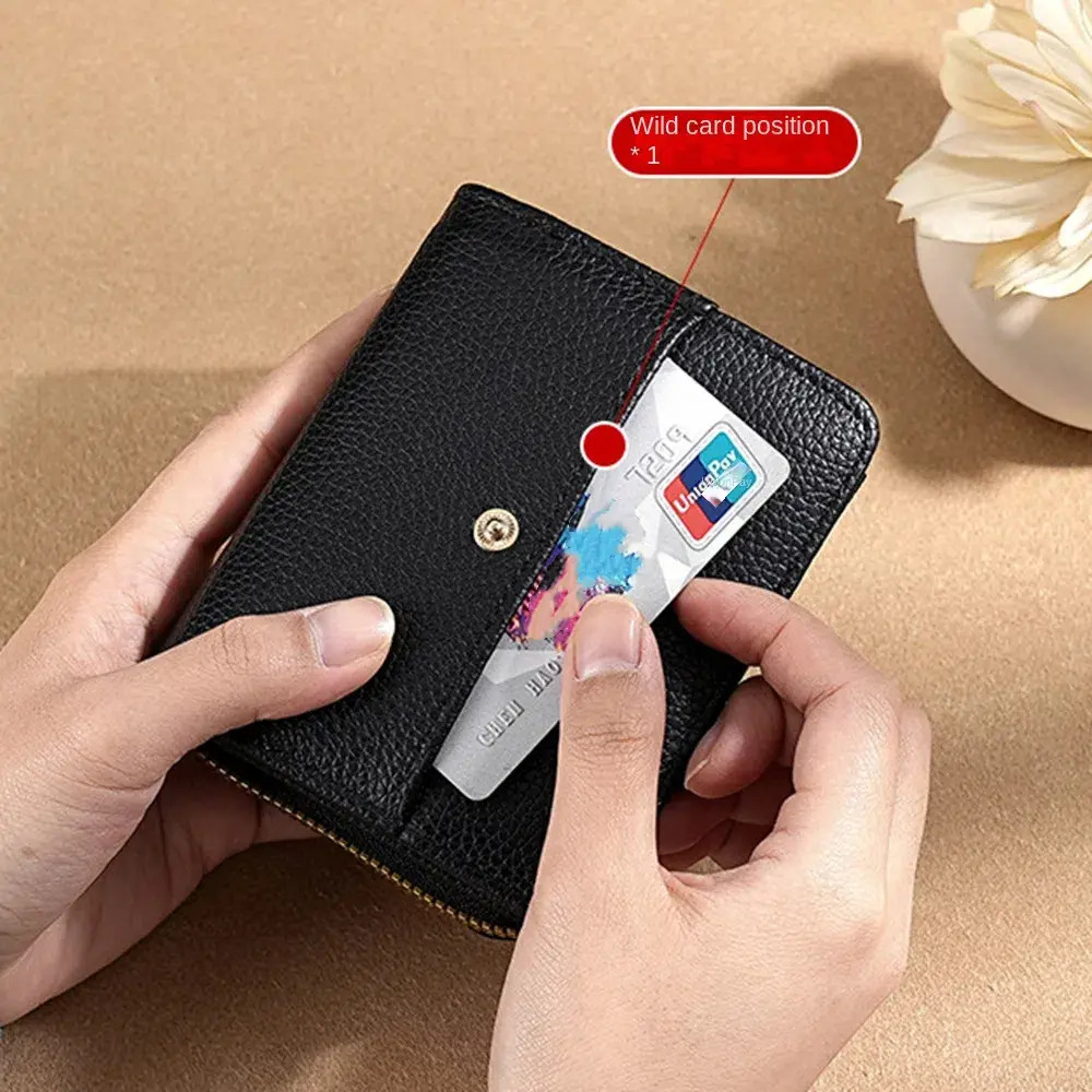 Fashion Elegant Women Short Wallet Lychee Pattern Pu Leather Business Purse Solid Color Zipper Bank/ID/Credit Card Holder Woman
