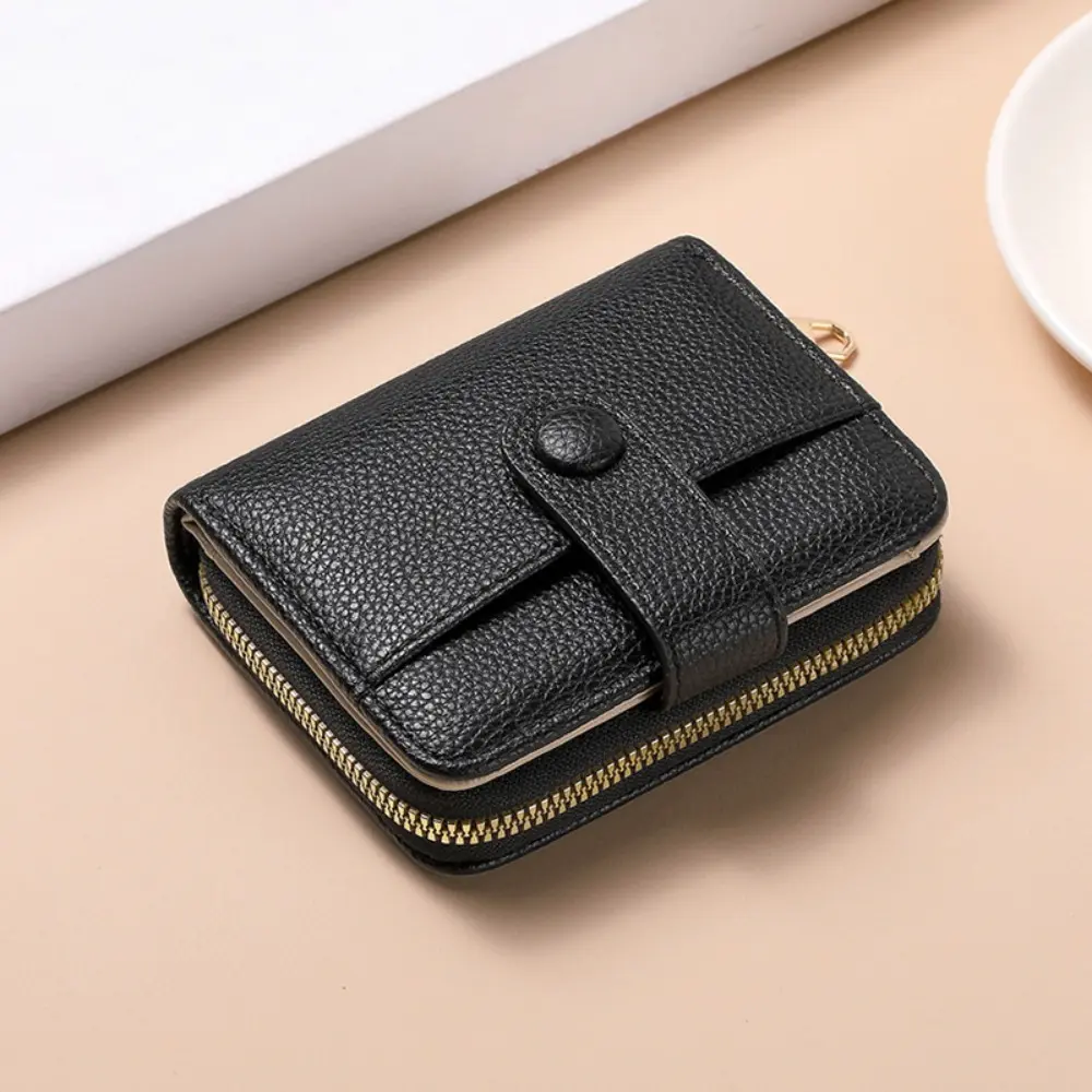 Fashion Elegant Women Short Wallet Lychee Pattern Pu Leather Business Purse Solid Color Zipper Bank/ID/Credit Card Holder Woman
