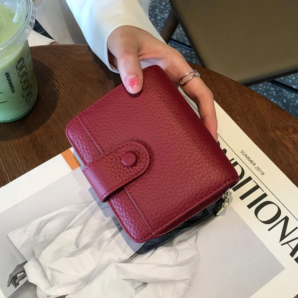Fashion Elegant Women Short Wallet Lychee Pattern Pu Leather Business Purse Solid Color Zipper Bank/ID/Credit Card Holder Woman