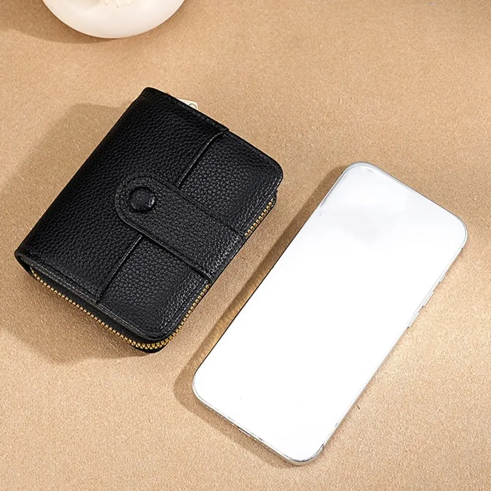 Fashion Elegant Women Short Wallet Lychee Pattern Pu Leather Business Purse Solid Color Zipper Bank/ID/Credit Card Holder Woman