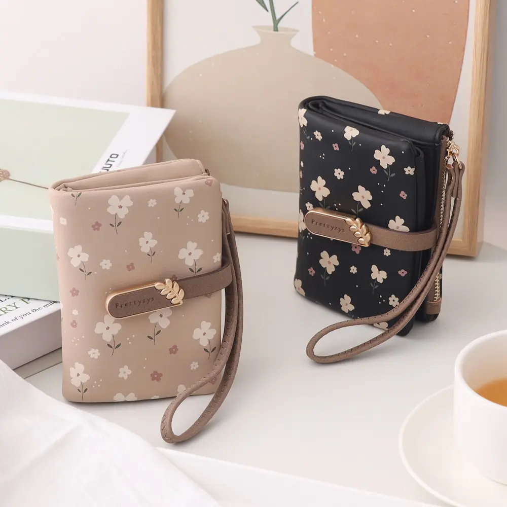 Women Short Wallet Cute Leaf Flower Pattern Design Girl Zipper Coin Purse Ladies ID Credit Card Holder PU Small Clutch Money Bag