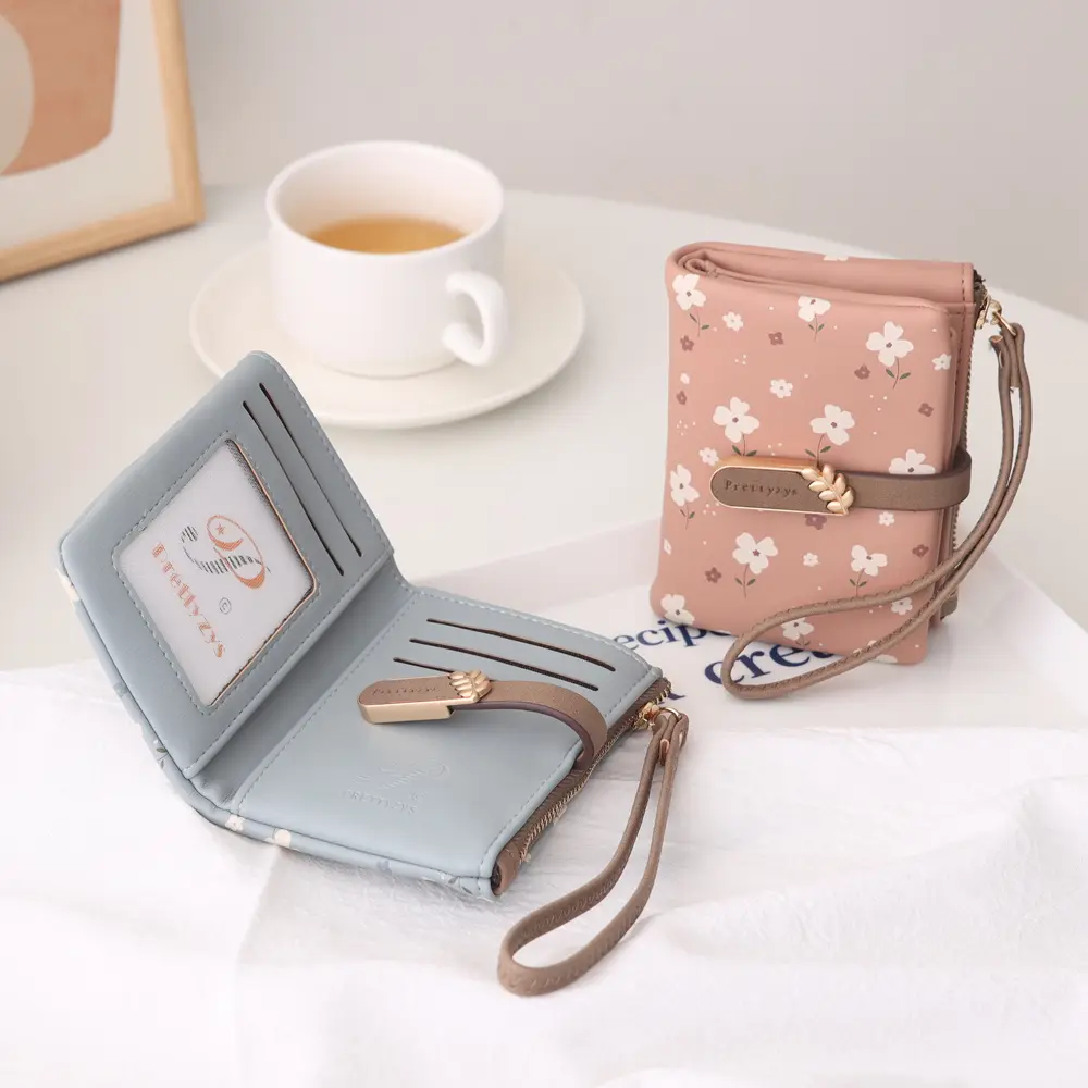 Women Short Wallet Cute Leaf Flower Pattern Design Girl Zipper Coin Purse Ladies ID Credit Card Holder PU Small Clutch Money Bag