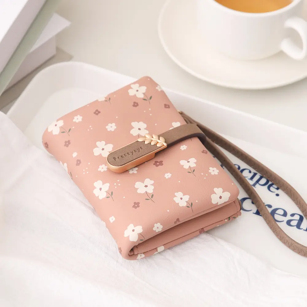 Women Short Wallet Cute Leaf Flower Pattern Design Girl Zipper Coin Purse Ladies ID Credit Card Holder PU Small Clutch Money Bag