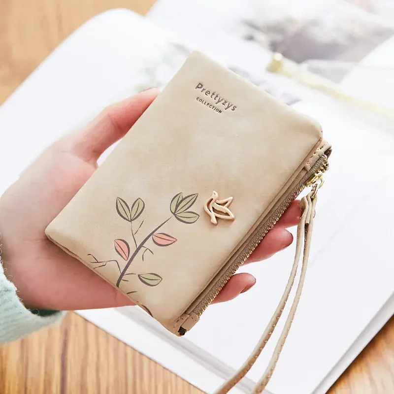 Women Short Wallet Cute Bird Tree Pattern Design Girls Zipper Coin Purse Ladies ID Credit Card Holder PU Small Clutch Bag Purses