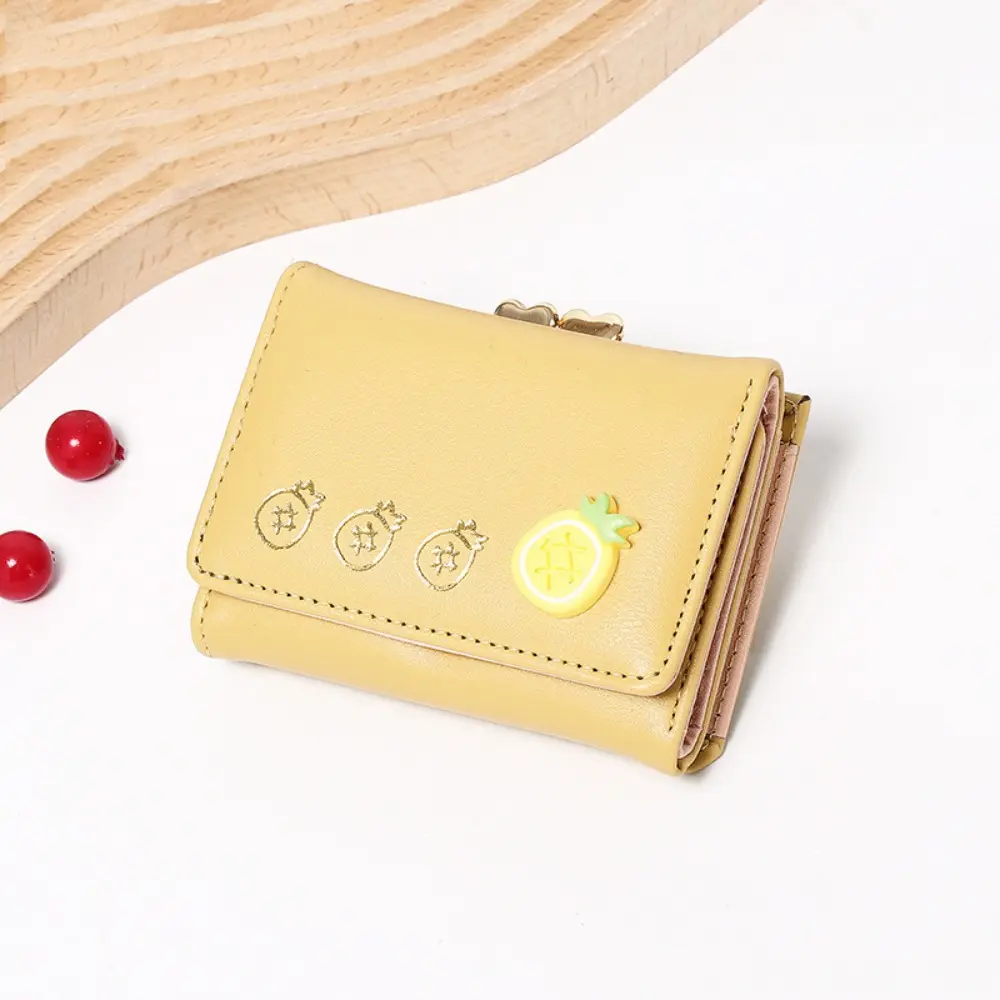 Cute Fruit Pattern Short Folding Card Bag Candy Color PU Card Holder Multi-card Slot Causal Folding Wallet Women