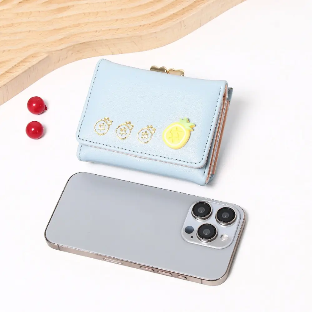 Cute Fruit Pattern Short Folding Card Bag Candy Color PU Card Holder Multi-card Slot Causal Folding Wallet Women