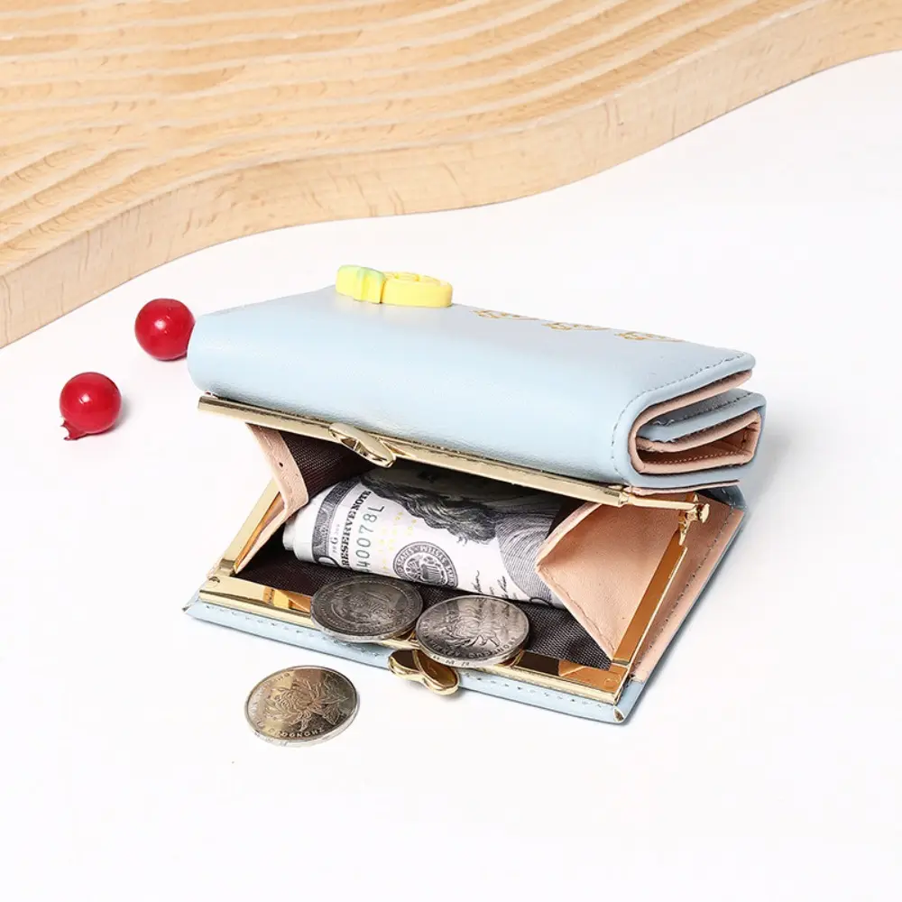 Cute Fruit Pattern Short Folding Card Bag Candy Color PU Card Holder Multi-card Slot Causal Folding Wallet Women
